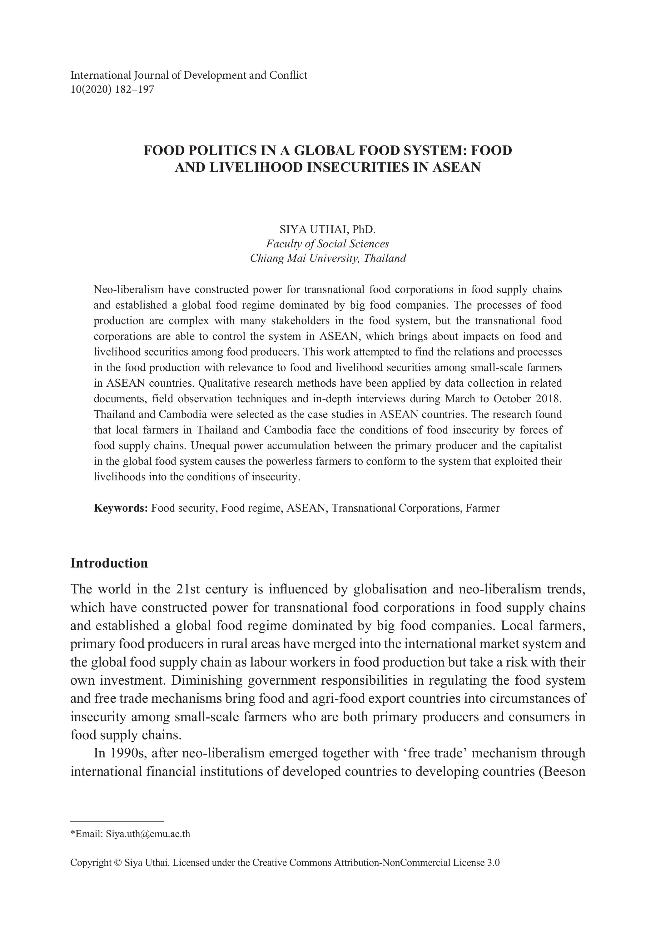 Food politics in a global food system: Food and livelihood insecurities in ASEAN 