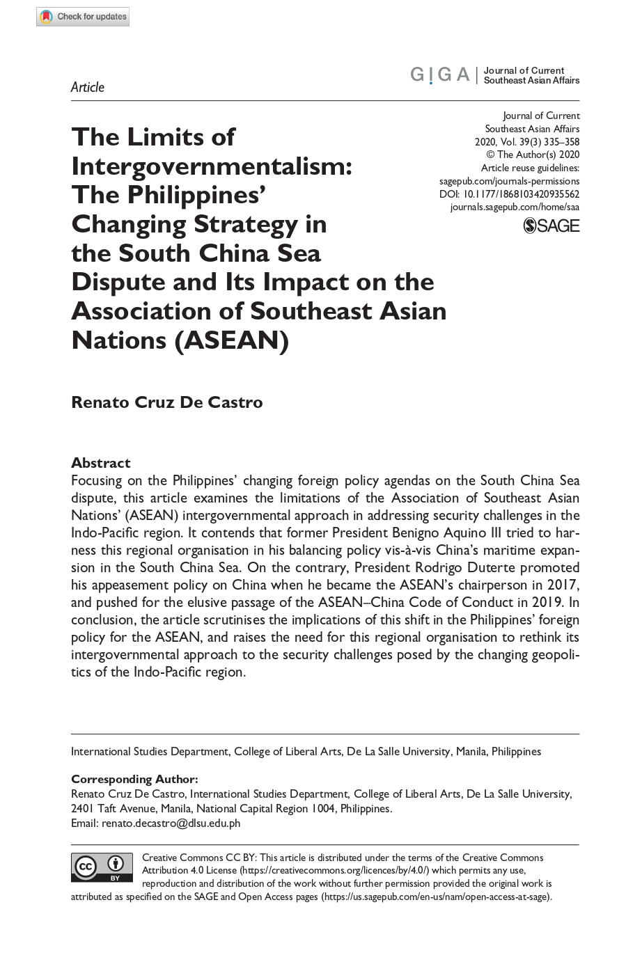 The limits of Intergovermentalism: The Philippines' Changing strategy in the South China Sea dispute and its impacts on the association of Southeast Asian Nation (ASEAN) 