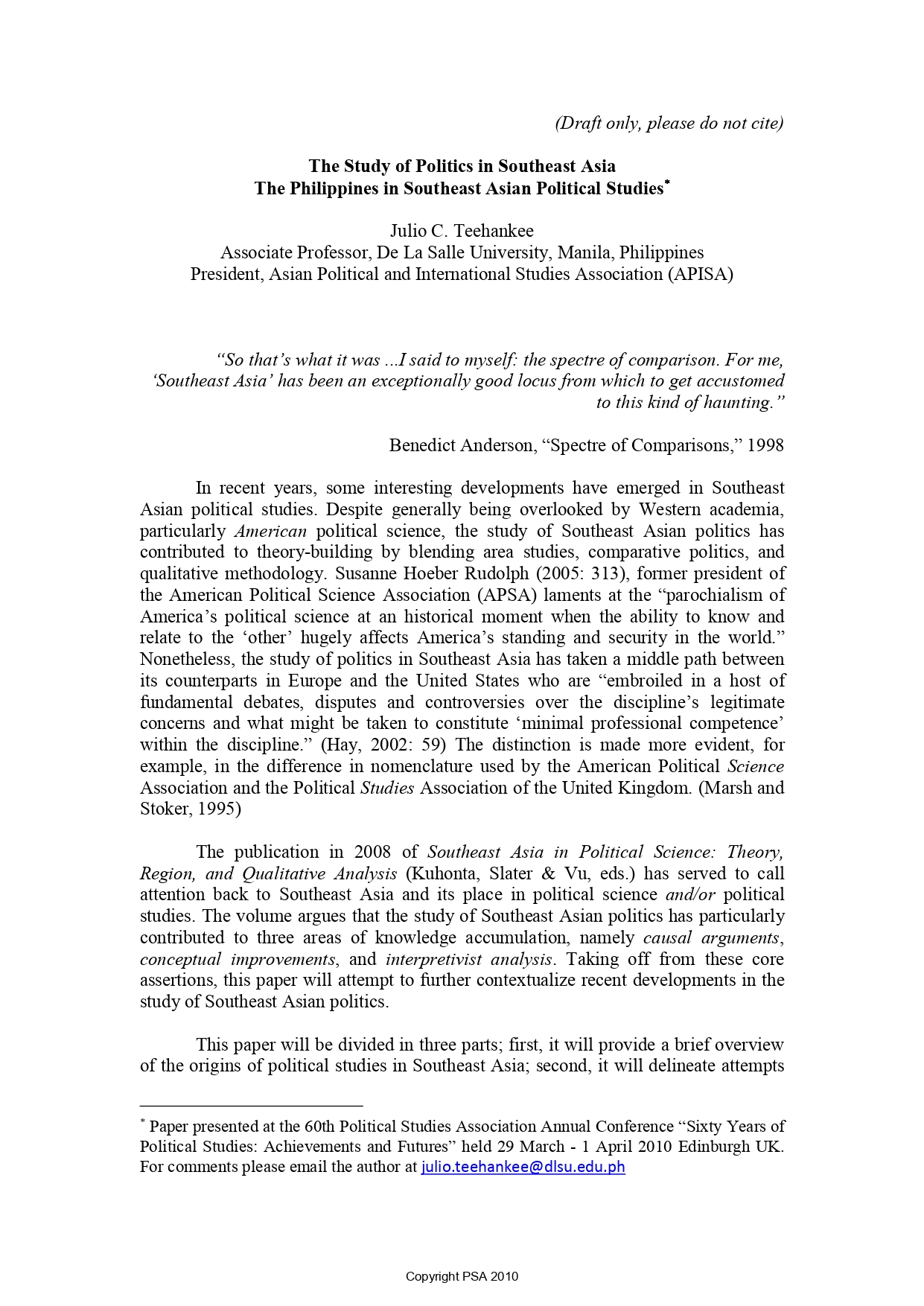  The study of politics in Southeast Asia the Philippines in Southeast Asian political studies
