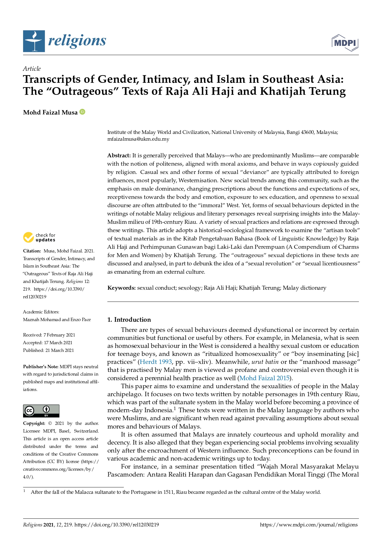 Transcripts of gender, intimacy, and Islam in Southeast Asia: The 